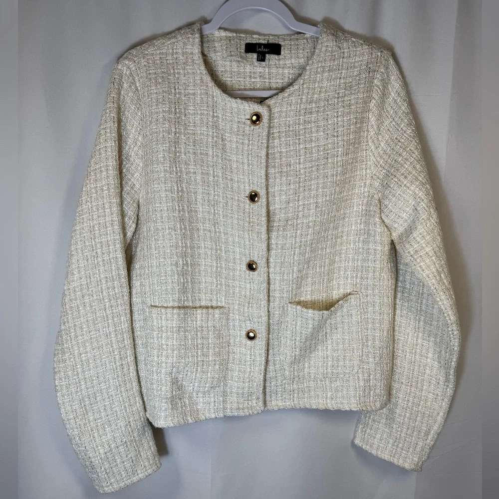 Lulus Cream Bouclé Button Jacket with Gold Buttons L